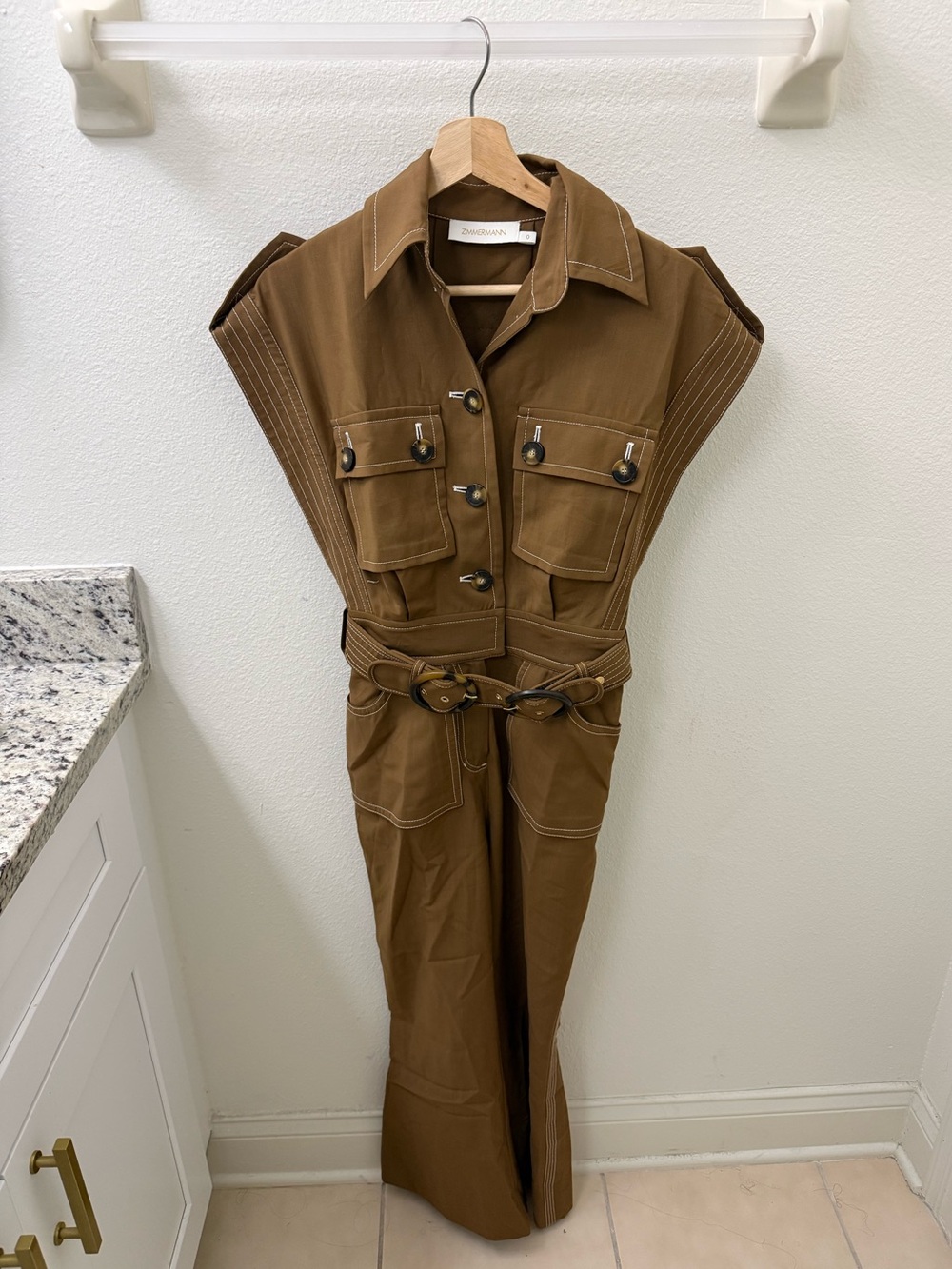 Zimmerman Utility Jumpsuit in Brown with Contrast Stitching